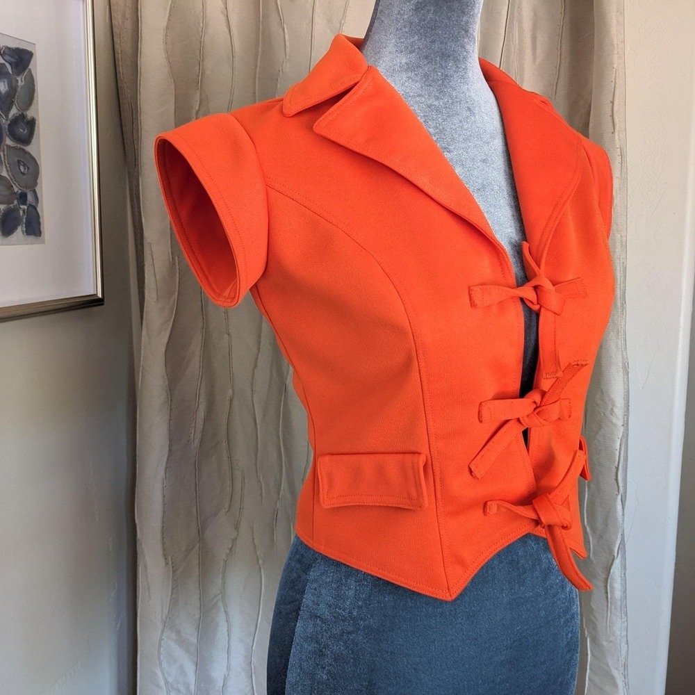 Vintage 70s Mod Cropped Top Vest XS/S Orange Tie Front Waistcoat Space Age - Picture 4 of 14